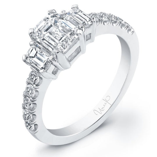 Uneek Platinum Emerald 3 Stone Diamond Engagement Ring LVS739