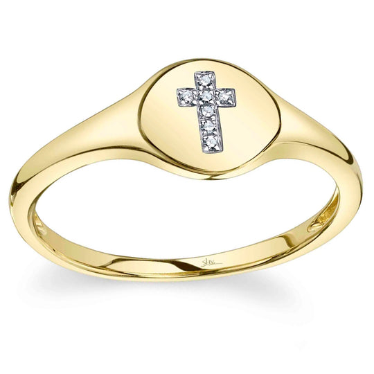 Shy Creation 14K Yellow Gold Diamond Cross Signet Ring SC55027206RD