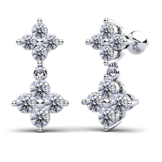 14K White Gold Double Floral Diamond Cluster Drop Earrings SE177B-200-W