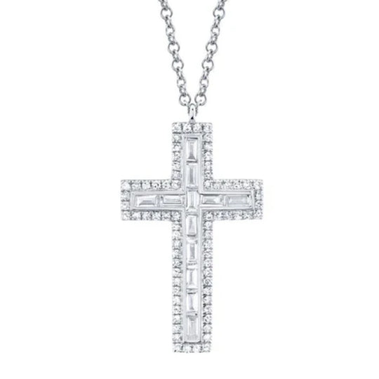 Shy Creation 14K White Gold Diamond Baguette Cross Necklace SC55007317