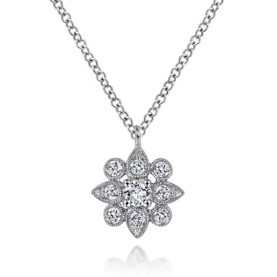 Gabriel & Co 14K White Gold Milgrain Floral Diamond Pendant Necklace NK6192W45JJ