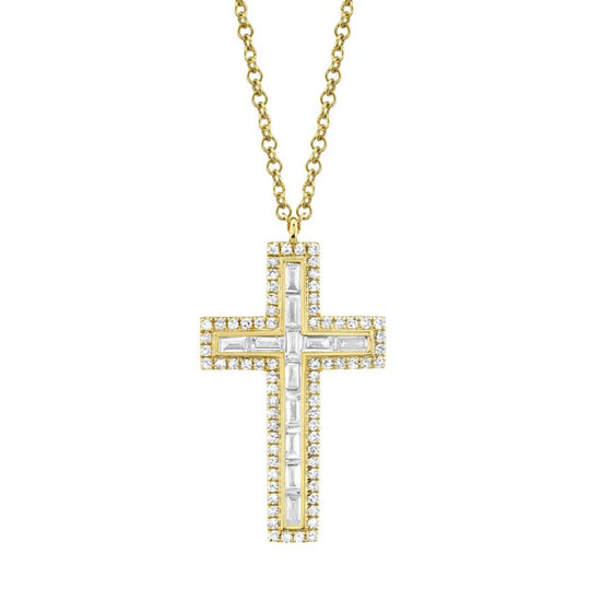 Shy Creation 14K Yellow Gold Baguette Diamond Cross Necklace SC55007318
