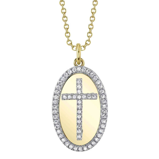 Shy Creation 14K Yellow Gold Diamond Cross Oval Pendant Necklace SC55026949RD