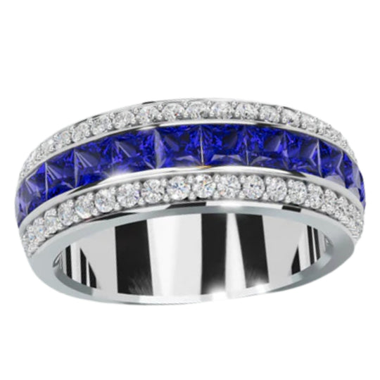 CW Signature 14K White Gold Triple Row Blue Sapphire and Diamond Ring R0394