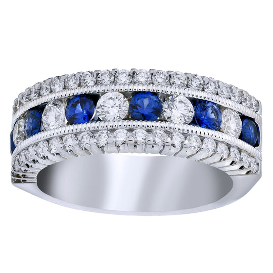 CW Signature 18K White Gold Milgrain Triple Row Blue Sapphire & Diamond Ring R01607