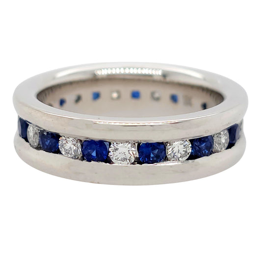 CW Signature 18K White Gold Alternating Blue Sapphire and Diamond Wide Eternity Band R02071
