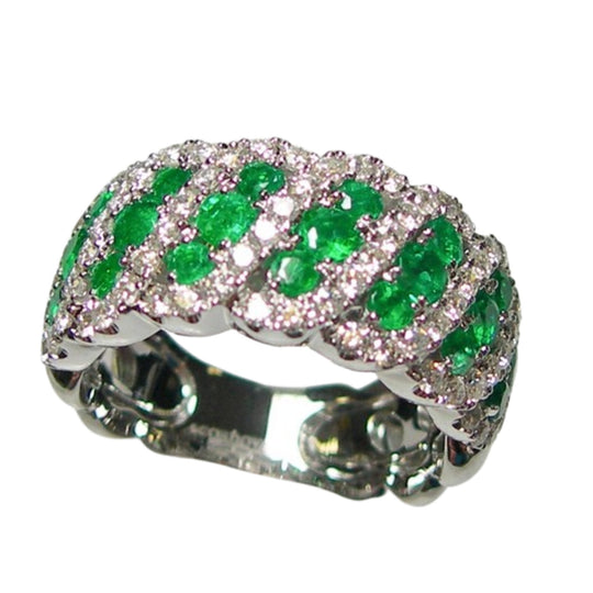 18K White Gold Multi Row Diamond & Emerald Ring B7127-E