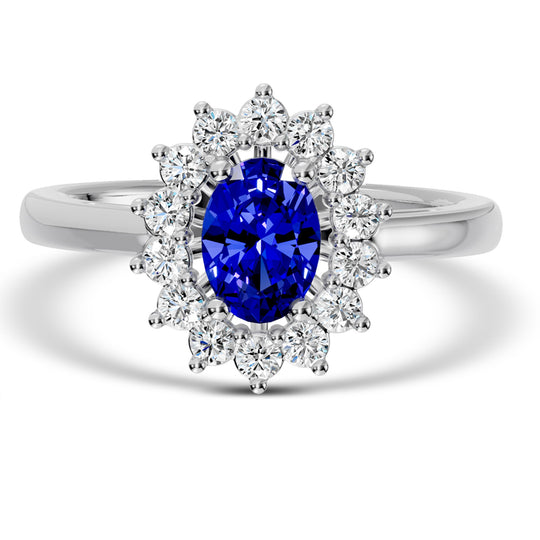 14K White Gold Oval Blue Sapphire Diamond Halo Ring RE4314-75VP1M14-4WOVS