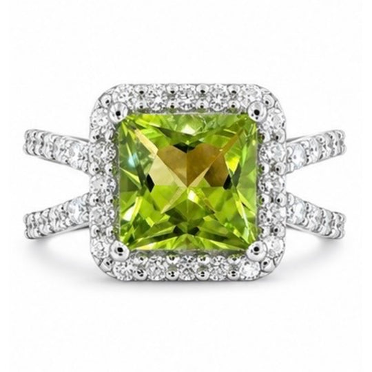 14K White Gold Princess Cut Peridot Diamond Halo Split Shank Ring MS5320-7