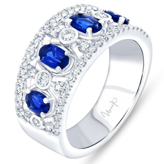 Uneek 18K White Gold Precious Collection Vintage Oval Blue Sapphire Diamond Ring RB4018BS