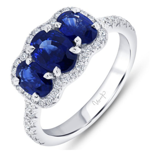 Uneek 18K White Gold 3 Stone Oval Blue Sapphire Diamond Halo Ring R0051OVBS