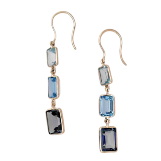 Raymond Mazza 14K Yellow Gold Emerald Cut Multi Blue Topaz Drop Earrings EZ7594
