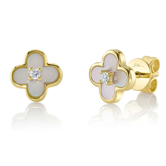 Shy Creation 14K Yellow Gold Mother of Pearl Diamond Acented Studs SC55025603