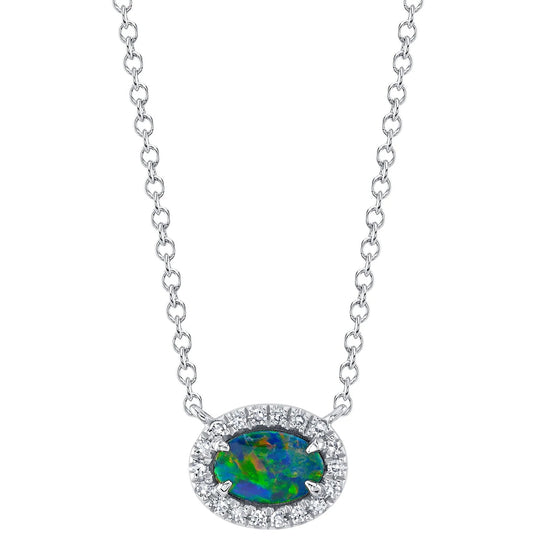 Shy Creation 14K White Gold Opal Diamond Halo Necklace SC55022505