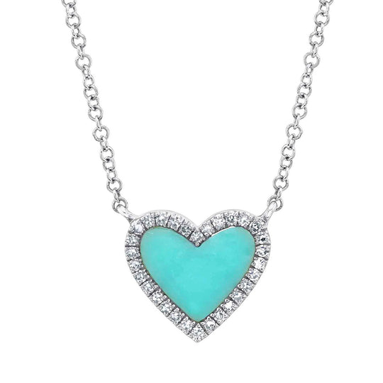 Shy Creation 14K White Gold Composite Turquoise Diamond Heart Halo Necklace SC55012618