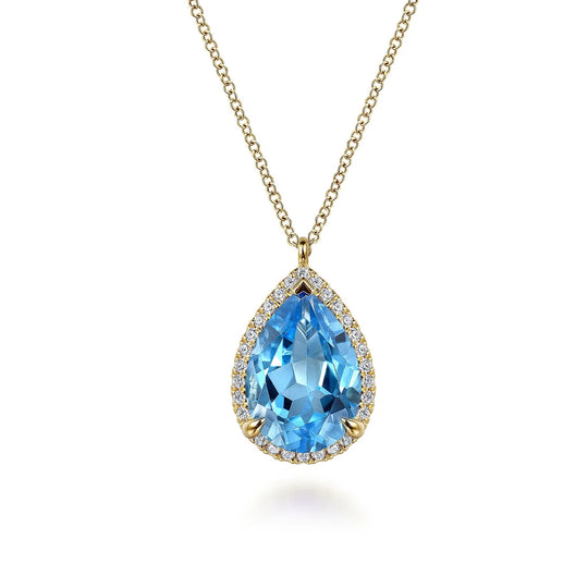 Gabriel & Co 14K Yellow Gold Diamond and Blue Topaz Teardrop Necklace NK7460Y45BT