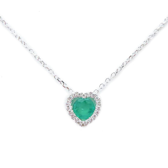 14K White Gold Emerald Diamond Heart Necklace ED-82-E