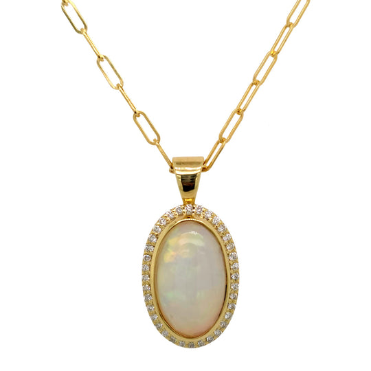 Raymond Mazza 14K Yellow Oval Opal Diamond Halo Necklace PZ7519