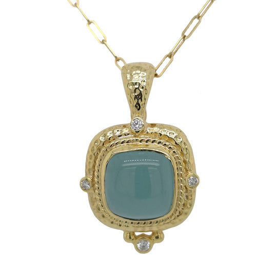 Raymond Mazza 14K Yellow Gold Green Chalcedony Stone Diamond and Rope Acented Pendant PZ6056