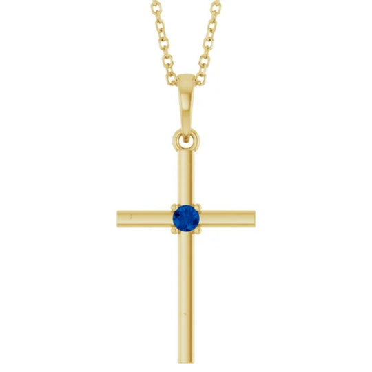 14K Yellow Gold Blue Sapphire Cross Necklace R50012SC