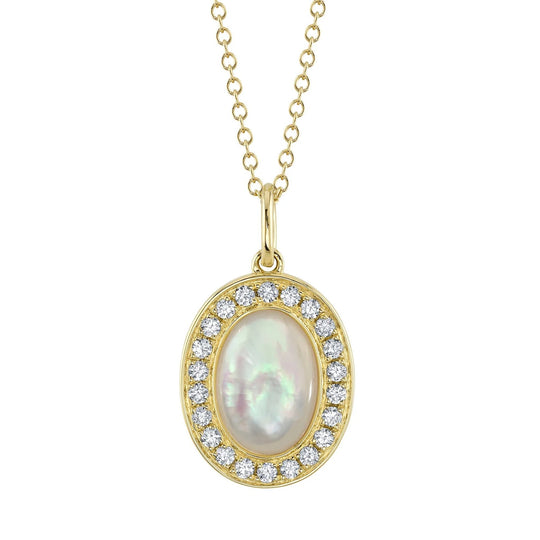 Shy Creation 14K Yellow Oval Mother of Pearl Diamond Halo Necklace SC55025088