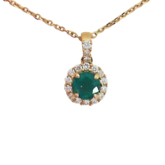 14K Yellow Gold Emerald Diamond Halo Necklace RN109-049E