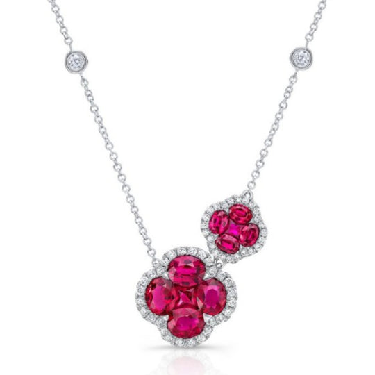 Uneek 18K White Gold Floral Ruby & Diamond Necklace LVNMI137R
