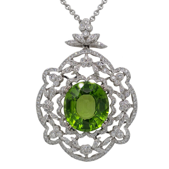 18K White Gold Peridot Diamond Filigree Necklace N 15652-PER