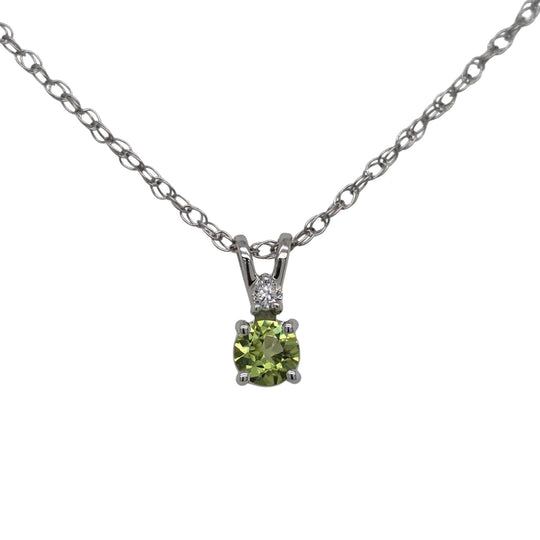 14K White Gold 4mm Peridot diamond Accented Pendant Necklace PDPE4DW