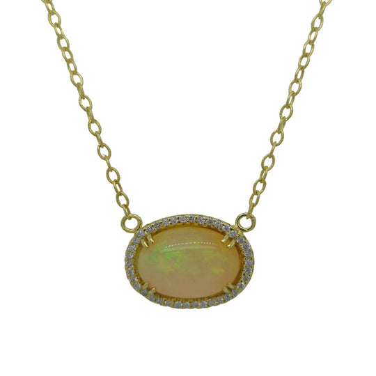 Raymond Mazza 14K Yellow Gold Oval Opal Diamond Halo Necklace PZ5215