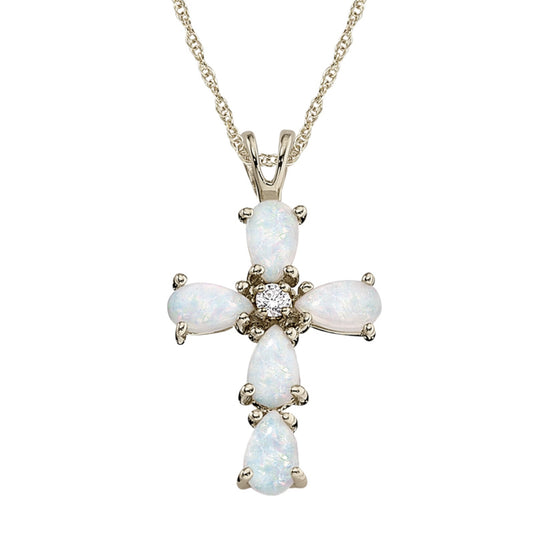 14K White Gold Opal and Diamond Accented Cross Necklace 5430OPW
