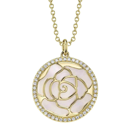 Shy Creation 14K Yellow Gold Mother of Pearl Diamond Halo Flower Pendant Necklace SC55027579