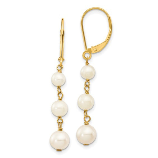 14K Yellow Gold Triple Freshwater Pearl Dangle Earrings XF569