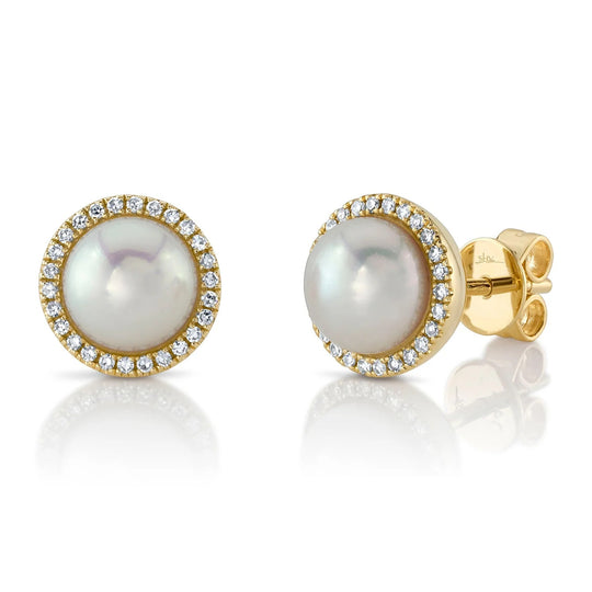 Shy Creation 14K Yellow Gold Cultured Pearl Diamond Halo Studs SC55023954
