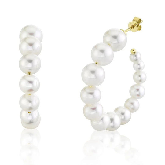Shy Creation 14K Yellow Gold Graduated Cultured Pearl Hoop Earrings SC36213972