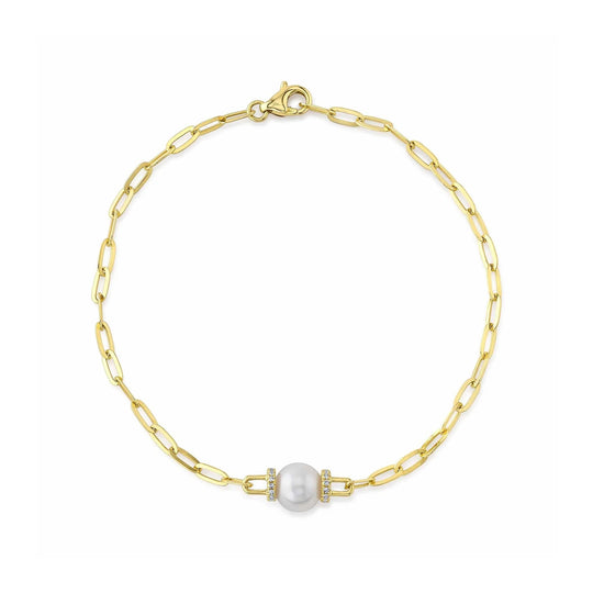 Shy Creation 14K Yellow Gold Cultured Pearl & Diamond Paperclip Bracelet SC55022626
