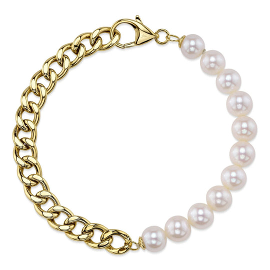 Shy Creation 14K Yellow Gold Cultured Pearl Curb Link Bracelet SC55027436