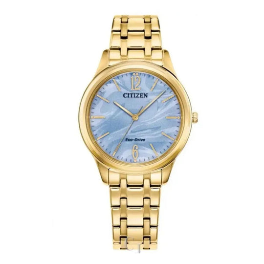 Citizen Gold Tone Ladies Stainless Steel Blue Dial Eco Drive Watch EM1212-56L