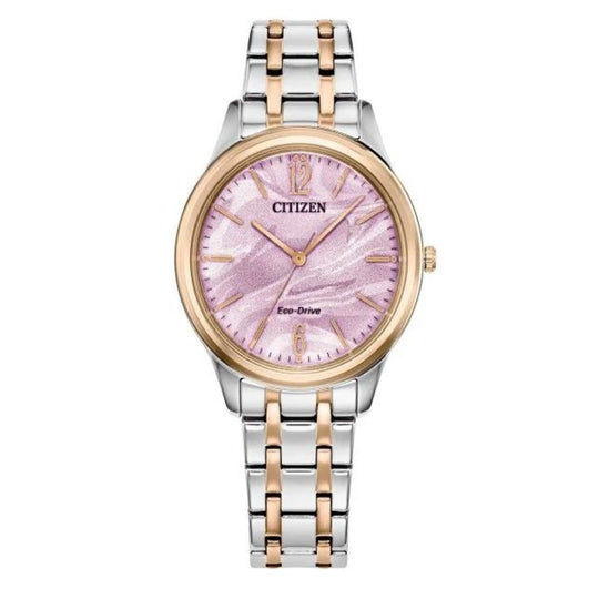 Citizen Ladies Two Tone Stainless Marbled Pink Eco Drive Watch EM1216-55X