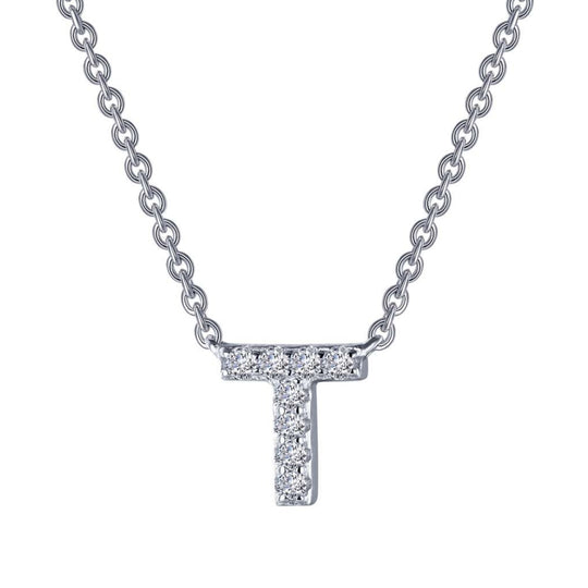 Lafonn Sterling Silver Platinum Plated Letter "T" Simulated Diamond Necklace 9N100CLP20