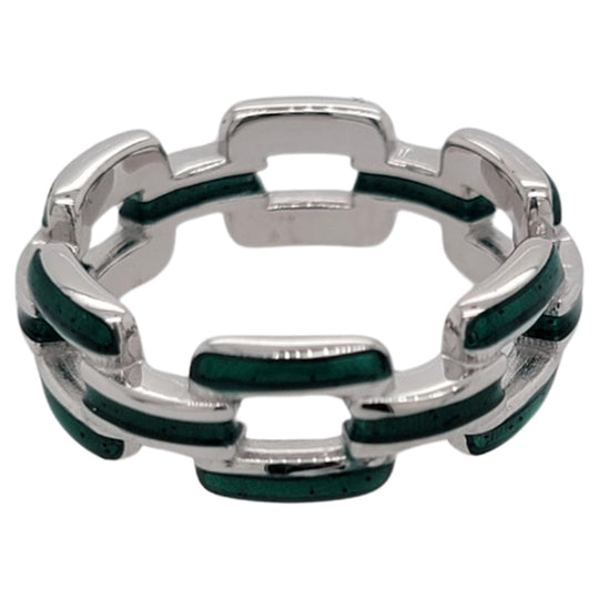 Soho Sterling Silver Green Enamel Chain Link Ring AR900EMERALD