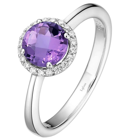 Lafonn Sterling Silver Platinum Plated 6mm Amethyst Simulated Diamond Halo Ring BR001AMP07