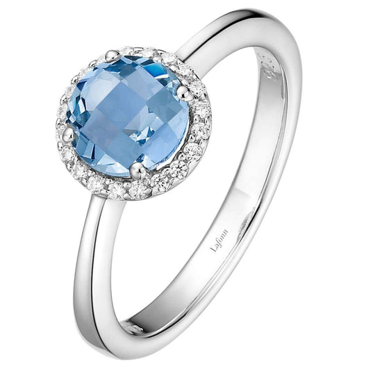 Lafonn Sterling Silver Platinum Plated 6mm Simulated Aquamarine Simulated Diamond Halo Ring BR001AQP07