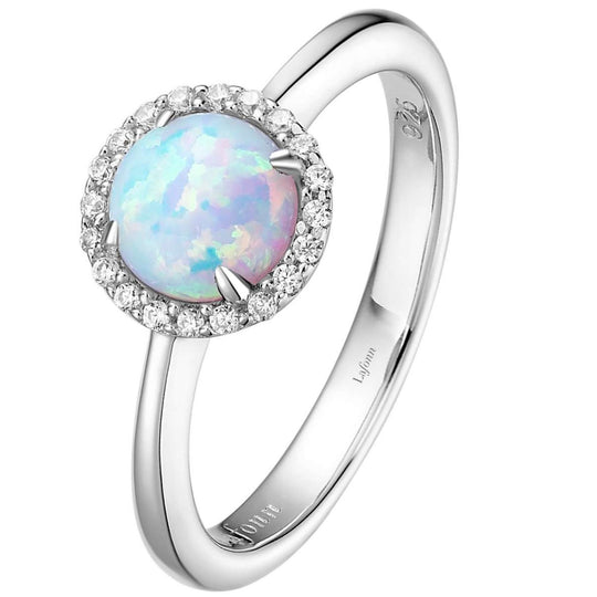 Lafonn Sterling Silver Platinum Plated 6mm Simulated Opal Simulated Diamond Halo Ring BR001OPP07