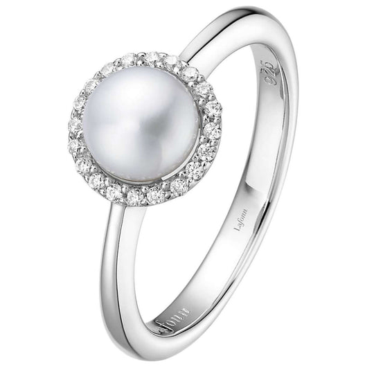 Lafonn Sterling Silver Platinum Plated 6mm Freshwater Pearl Simulated Diamond Halo Ring BR001PLP07