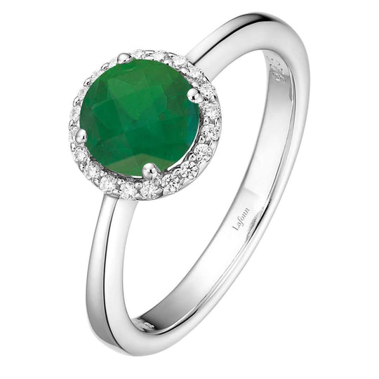 Lafonn sterling Silver Platinum Plated 6mm Simulated Emerald and Simulated Diamond Halo Ring BR001EMP07