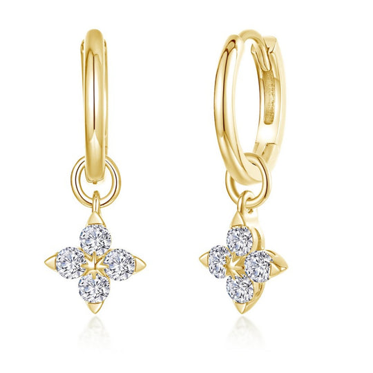 Lafonn sterling Silver Gold Plated Trillium Flower Simulated Diamond Huggie Drop Earrings E0659CLG00