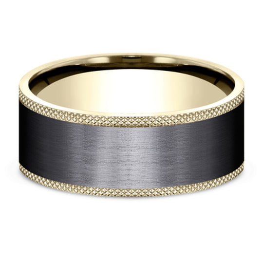 Benchmark 14K Yellow Gold & Titanium 9mm Knurled Edge Satin Center Band CF449749BKT14KY10