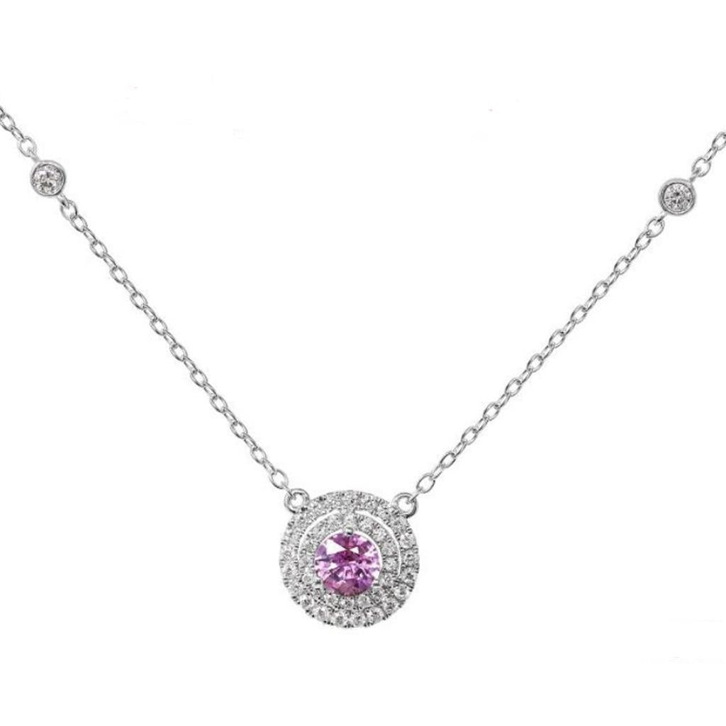 14K White Pink Sapphire Double Halo Diamond Station Necklace JN2202PSW