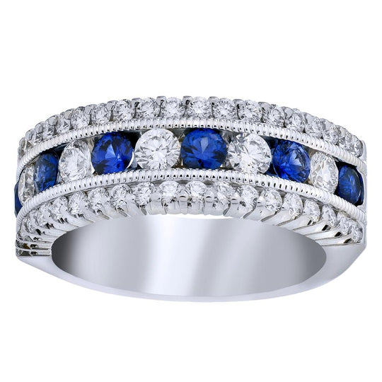 CW Signature 18K White Gold Milgrain Triple Row Blue Sapphire & Diamond Ring R01607